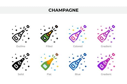 Champagne icons in different style. Champagne icons set. Holiday symbol. Different style icons set. Vector illustration