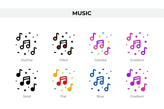 Music icons in different style. Music icons set. Holiday symbol. Different style icons set. Vector illustration