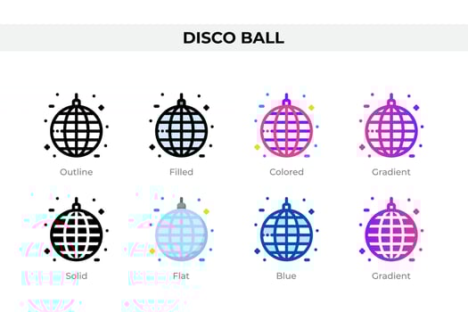 Disco ball icons in different style. Disco ball icons set. Holiday symbol. Different style icons set. Vector illustration