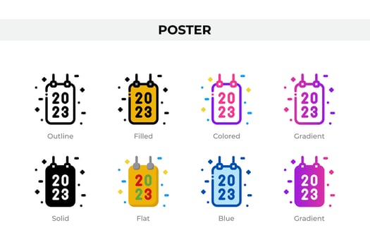 Poster icons in different style. Poster icons set. Holiday symbol. Different style icons set. Vector illustration