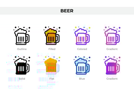 Beer icons in different style. Beer icons set. Holiday symbol. Different style icons set. Vector illustration