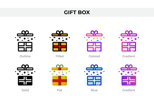 Gift box icons in different style. Gift box icons set. Holiday symbol. Different style icons set. Vector illustration
