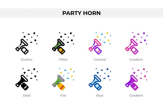 Party horn icons in different style. Party horn icons set. Holiday symbol. Different style icons set. Vector illustration