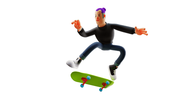 3D illustration. Cool Man 3D cartoon character. Cool guy wearing a black sweater. Talented boy is playing skateboard. Rich young man doing his hobby. 3d cartoon character png