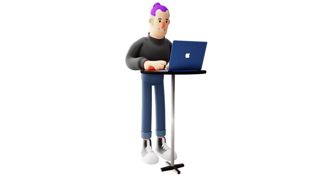 3D illustration. Smart Guy 3D cartoon character. Diligent guy standing while working on something on a laptop. College guy doing his task. Cool college man. 3D cartoon character png