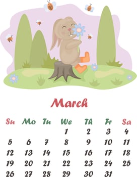 March is a cute cartoon rabbit. Spring calendar. Vector illustration of a rabbit. A rabbit is sitting on a stump with a flower in his hands, against the background of a forest and bees