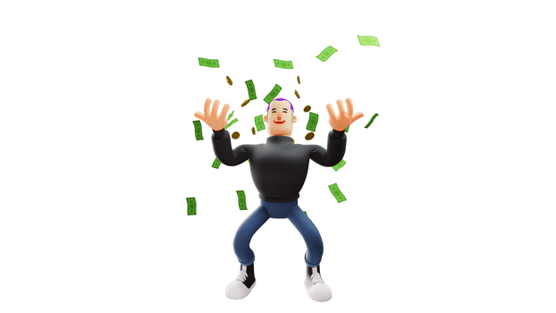 3D illustration. Stylish Man 3D cartoon character. Cool man very happy. The rich man smiled as he spread his hands. Rich man under scattering a lot of money. 3D cartoon character png