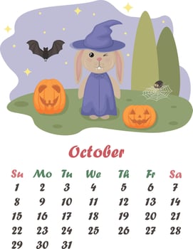 Calendar October. Cute bunny in a hat and a witch s cloak. The hare stands next to pumpkins, spiders and a bat, against the background of the starry sky. Halloween. Vector illustration
