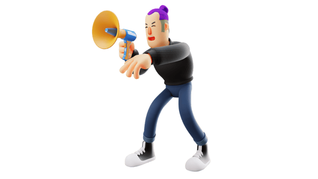 3D illustration. Excited Man 3D cartoon character. Stylish man is talking on a megaphone. Excited young man giving announcement. 3D cartoon character png