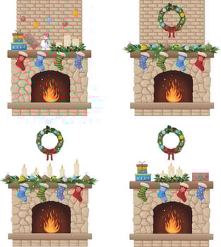 Fireplace. Christmas fireplace with a Christmas wreath and socks for gifts. Fireplace with fire and festive decorations. Vector illustration