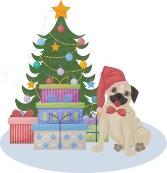 Cute Christmas illustration depicting a Christmas tree with gifts and a cute pug sitting next to boxes with Christmas gifts. Children s New Year s illustration. Holiday card, vector illustration