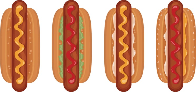 An appetizing set of four hot dogs top view Delicious juicy hot dogs with sausage, ketchup, mayonnaise, mustard and lettuce leaves. Fast food in cartoon style. Vector illustration on white background