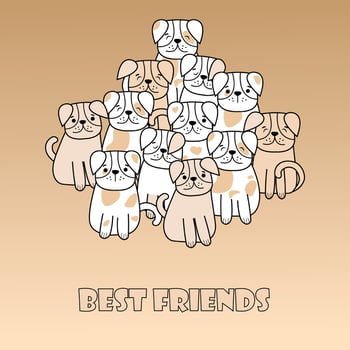 Hand Drawn Doodles Pets Card. Text Best friends. Collection of funny dogs in cartoon style with different color. For design logo, visit card, etc. Vector illustration