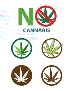 Cannabis leaf in warning sign and logo design set vector isolated on white background.