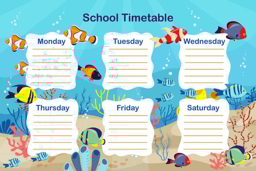 School timetable sea theme design fish corals vector template. Weekly lesson schedule printable template