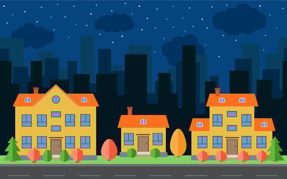 Vector night city with cartoon houses and buildings. City space with road on flat style background concept. Summer urban landscape. Street view with cityscape on a background