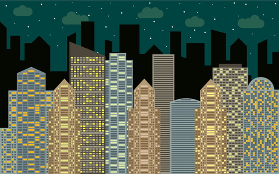 Night urban landscape. Street view with cityscape, skyscrapers and modern buildings at sunny day. City space in flat style background concept. vector
