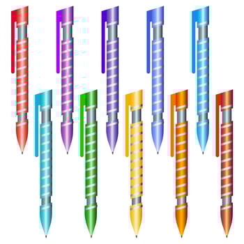 Set of multi-colored pens on a white background. Vector illustration.