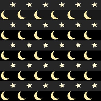 Moons and stars in yellow on black background. Seamless pattern. Horizontal arranged vector