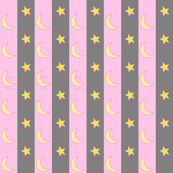 Sweet and beautiful vector design. Yellow moons and stars on pink and grey backgrounds. Seamless pattern. Vertical stripes arranged.