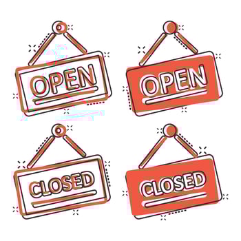 Open, closed sign icon in comic style. Accessibility cartoon vector illustration on white isolated background. Message splash effect business concept.