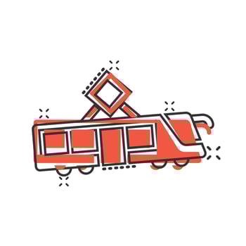Metro icon in comic style. Train subway cartoon vector illustration on white isolated background. Railroad cargo splash effect business concept.