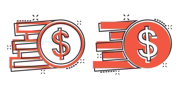 Coins stack icon in comic style. Dollar coin cartoon vector illustration on white isolated background. Money stacked splash effect business concept.