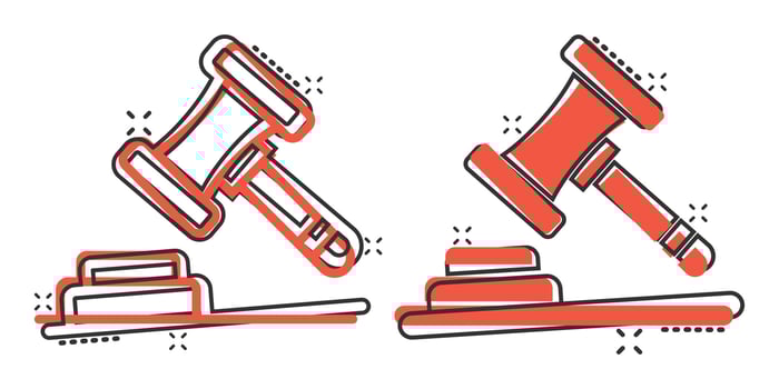 Auction hammer icon in comic style. Court cartoon sign vector illustration on white isolated background. Tribunal splash effect business concept.