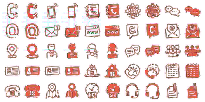 Contact icon set in comic style. Phone communication cartoon vector illustration on white isolated background. Website equipment splash effect business concept.