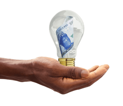 Black Hand holding 3d rendered new Nigerian Naira note inside transparent light bulb, creative thinking. Making money by solving problem. Having idea concept png