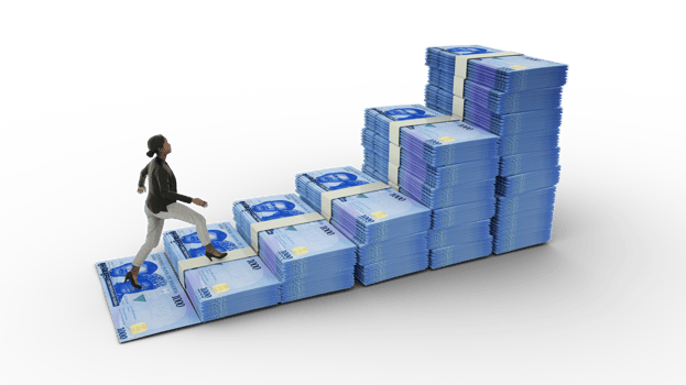 Business woman climbing stairs made of new Nigerian naira notes. 3D rendering of money arranged in the shape of a financial growth graph icon. Business growth concept png