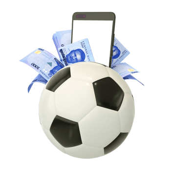 3d rendering of Nigerian naira notes and phone behind soccer ball. Sports betting, soccer betting concept isolated on transparent background. mockup png
