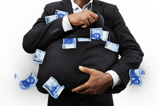 Black Businessman holding black bag full of new Nigerian naira notes isolated on transparent background, money falling from bag png