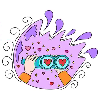 A man in love holds binoculars. The search for love. Congratulations on Valentine's Day and March 8th. This is a vector picture in the style of a comic book