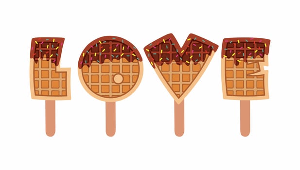 Sweet food and dessert food, vector illustration of golden brown homemade corn dog or hot dog waffles on a stick in various flavors decorations and dark chocolate. Love word. Valentines day.