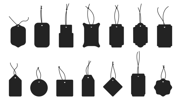Set of Blank black paper price tags in different shapes. Collection of labels with string png