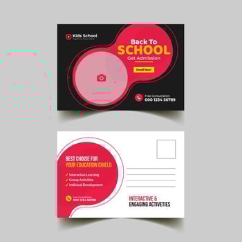 kids back to school promotion education admission postcard template. kids summer camp EDDM Postcard layout. vector