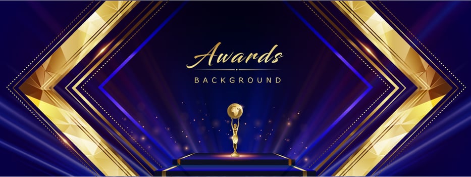 Blue Golden Polygonal Edge Frame Stage Spotlights. Royal Awards Graphics Background. Lights Elegant Shine Modern Template. Luxury Premium Corporate Template. Diamond shape Abstract trophy Certificate vector