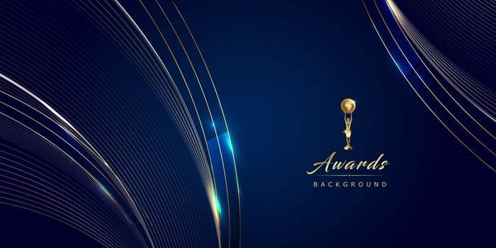 Dark Blue Golden Royal Awards Graphics Background. Lines Corner Curve Elegant Shine Modern Template. Luxury Premium Corporate Abstract Design Template. Classic Shape Post. Center LED Screen Visual. vector