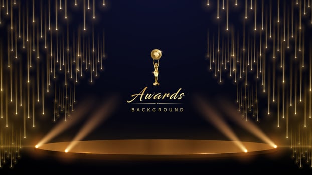 Golden Stage Spotlights Royal Awards Graphics Background. Lights Elegant Shine Modern Template. Space Falling Star Particles Corporate Template. Classy speedy lines Abstract trophy Certificate Banner. vector