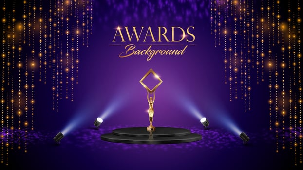 Golden Purple Stage Award Background. Shimmer Lights for Wedding, Marriage, Engagement Ceremony with Trophy. Black Podium Empty Stage Background. Luxury Graphics. Traditional Indian Background. vector