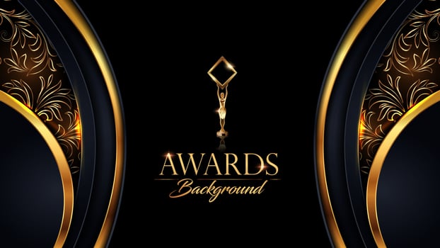 Black and Gold Award Background. Modern Luxury Graphic. Abstract Royal Template Design. Side Curve Dynamic Shape Design Style. Wedding Backdrop Background. vector