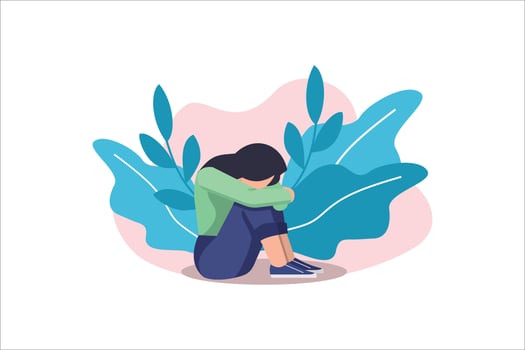 Depressed sad lonely woman in anxiety, sorrow vector cartoon illustration. Loneliness concept of depression with stressed girl sitting and holding her knees need psychotherapy help, empathy, support