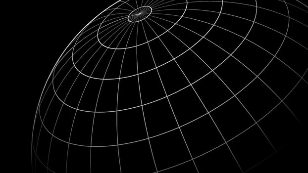 Perspective curved globe. White grid rounded lines on black background. Design for technology, network, illustration, construction, and digital data visualization. vector