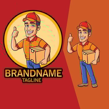 Delivery courier man holding package giving thumb up vector