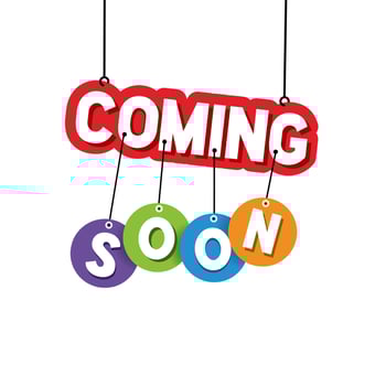 Coming soon banner. Hanging word design. Open available now. Vector template.