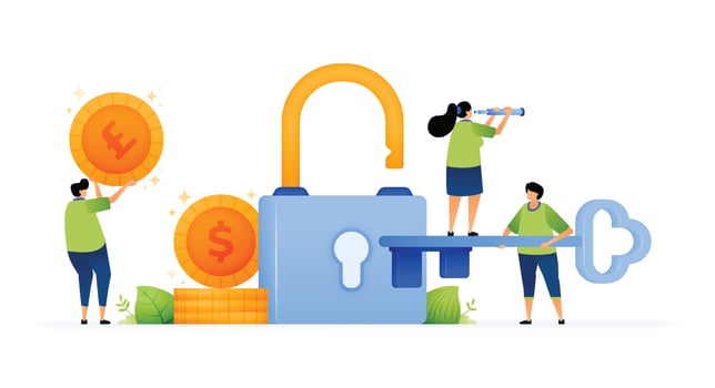 Vector illustration of safe and secure on protecting financial data. Visual metaphor for financial protection. Safeguarding financial data with giant lock. Can use for ad, poster, campaign, website