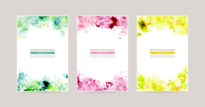 colorful watercolor splash vector background set. card for greetings, invitation, wedding, green, purple, yellow