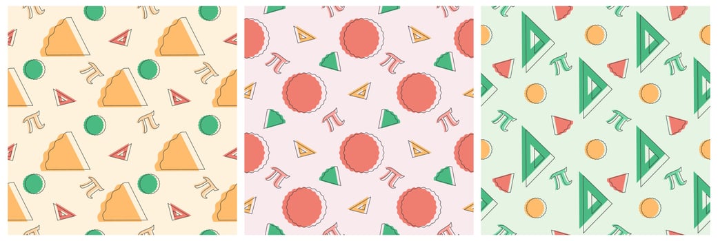Set of Pi Day Seamless Pattern Design with Mathematical Constants or Baked Pie in Template Hand Drawn Cartoon Flat Illustration vector