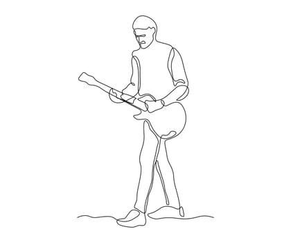 abstract man with guitar in hand, hand-drawn, continuous mono line, one line art, contour drawing vector